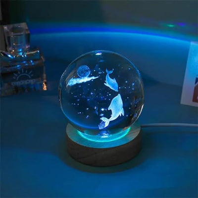 Hamsa 3D Deer Crystal Ball Ornament with Snowflake Stars, with Wooden Base(Deer 16 Color Changing)