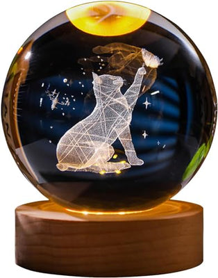 Hamsa 3D Deer Crystal Ball Ornament with Snowflake Stars, with Wooden Base(Deer 16 Color Changing)