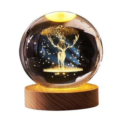 Hamsa 3D Deer Crystal Ball Ornament with Snowflake Stars, with Wooden Base(Deer 16 Color Changing)