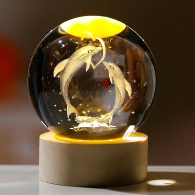 Hamsa 3D Deer Crystal Ball Ornament with Snowflake Stars, with Wooden Base(Deer 16 Color Changing)