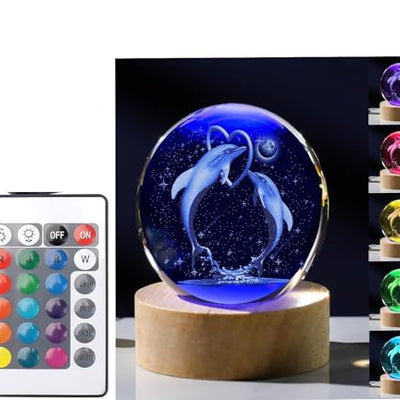 Hamsa 3D Deer Crystal Ball Ornament with Snowflake Stars, with Wooden Base(Deer 16 Color Changing)