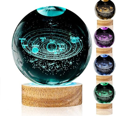 Hamsa 3D Deer Crystal Ball Ornament with Snowflake Stars, with Wooden Base(Deer 16 Color Changing)