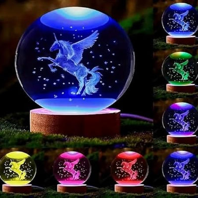 Hamsa 3D Deer Crystal Ball Ornament with Snowflake Stars, with Wooden Base(Deer 16 Color Changing)