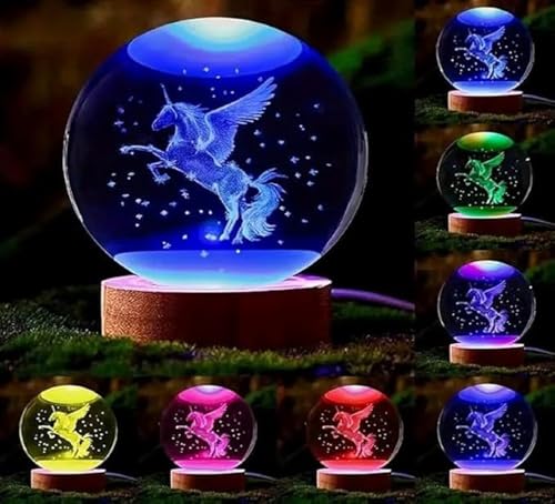 Hamsa 3D Deer Crystal Ball Ornament with Snowflake Stars, with Wooden Base(Deer 16 Color Changing)