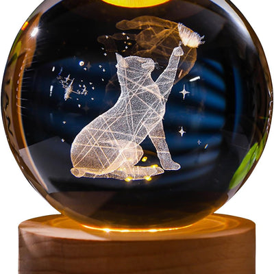 Miramar Cat Crystal Ball Night Light,2.4 inch Glass Ball Night Lamp with Woodern Base,Decorations Gifts for Men,Women,Kids,Boys,Girls,Teens (H- Cat Crystal Ball)