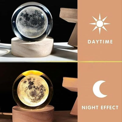 3D Galaxy Crystal Ball Night Lamp,Creative Engraved Warm White Dimmable Crystal Light,USB LED Wooden Base Crystal Lamp for Home,Office,Bedroom,Decoration,Gift for Boys,Girls,Adults (Moon)