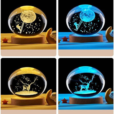 Hamsa 3D Deer Crystal Ball Ornament with Snowflake Stars, with Wooden Base(Deer 16 Color Changing)