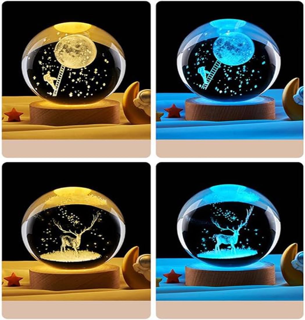Hamsa 3D Deer Crystal Ball Ornament with Snowflake Stars, with Wooden Base(Deer 16 Color Changing)