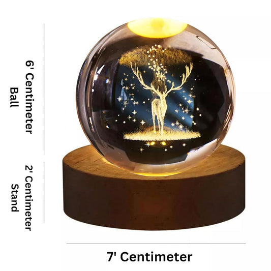 SHOPOGENIX Deer 3D Crystal Ball Night Light,2.4inch 6CM Glass Ball Night LED Lamp with Woodern Base,Decorations Gifts for Men,Women,Kids,Boys,Teens (Deer).