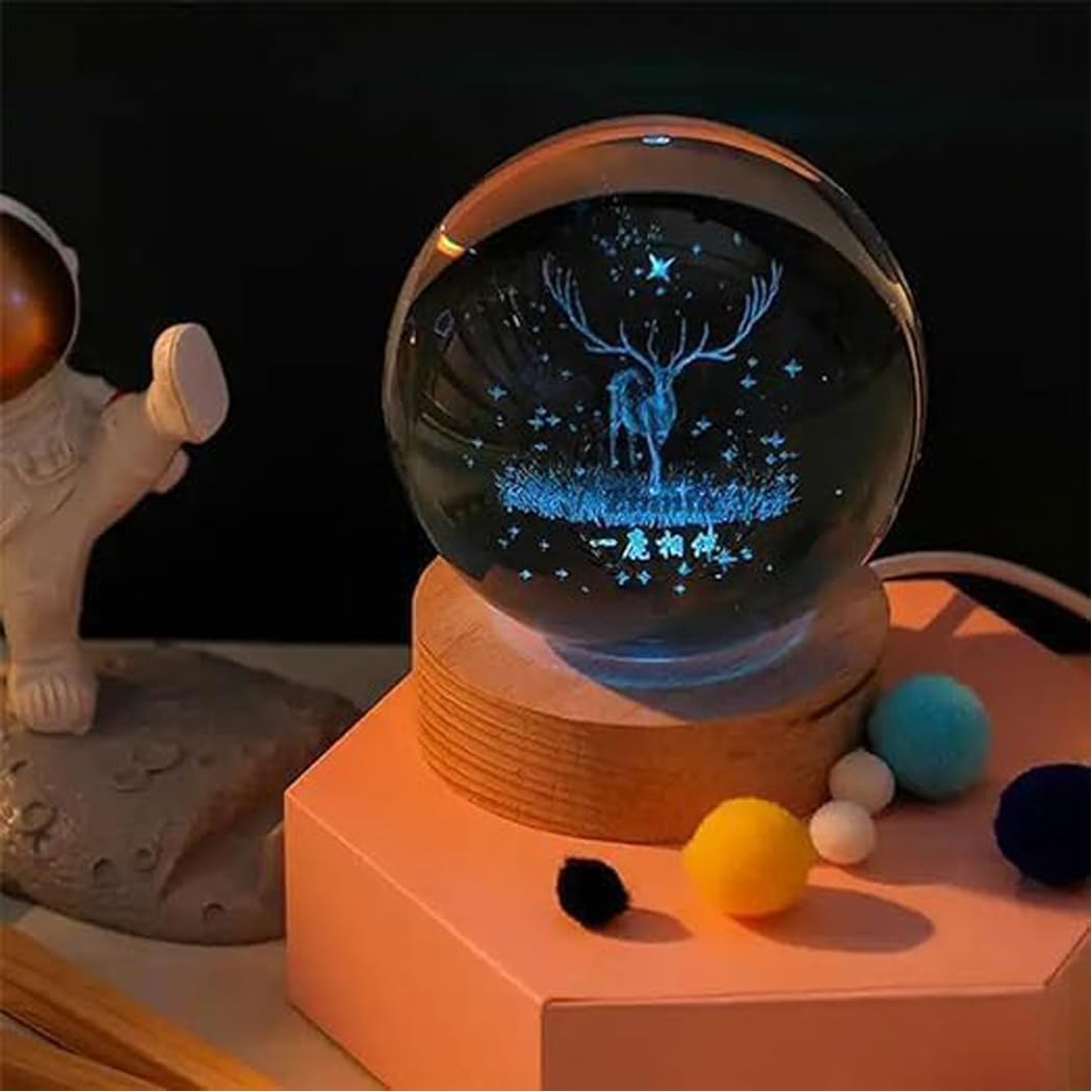 Hamsa 3D Deer Crystal Ball Ornament with Snowflake Stars, with Wooden Base(Deer 16 Color Changing)
