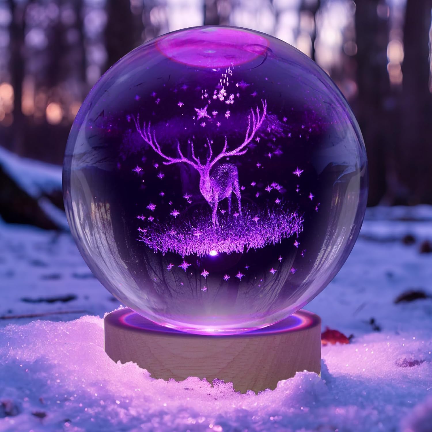 Hamsa 3D Deer Crystal Ball Ornament with Snowflake Stars, with Wooden Base(Deer 16 Color Changing)