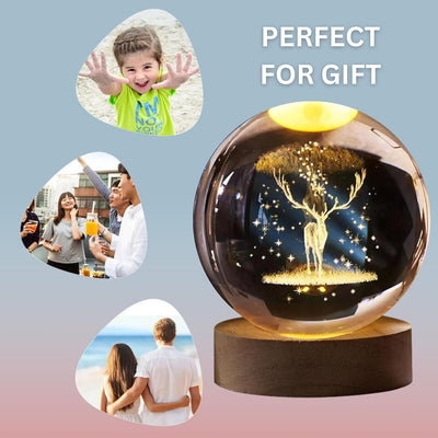 SHOPOGENIX Deer 3D Crystal Ball Night Light,2.4inch 6CM Glass Ball Night LED Lamp with Woodern Base,Decorations Gifts for Men,Women,Kids,Boys,Teens (Deer).