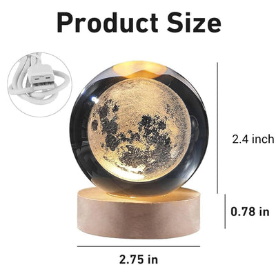 3D Galaxy Crystal Ball Night Lamp,Creative Engraved Warm White Dimmable Crystal Light,USB LED Wooden Base Crystal Lamp for Home,Office,Bedroom,Decoration,Gift for Boys,Girls,Adults (Moon)