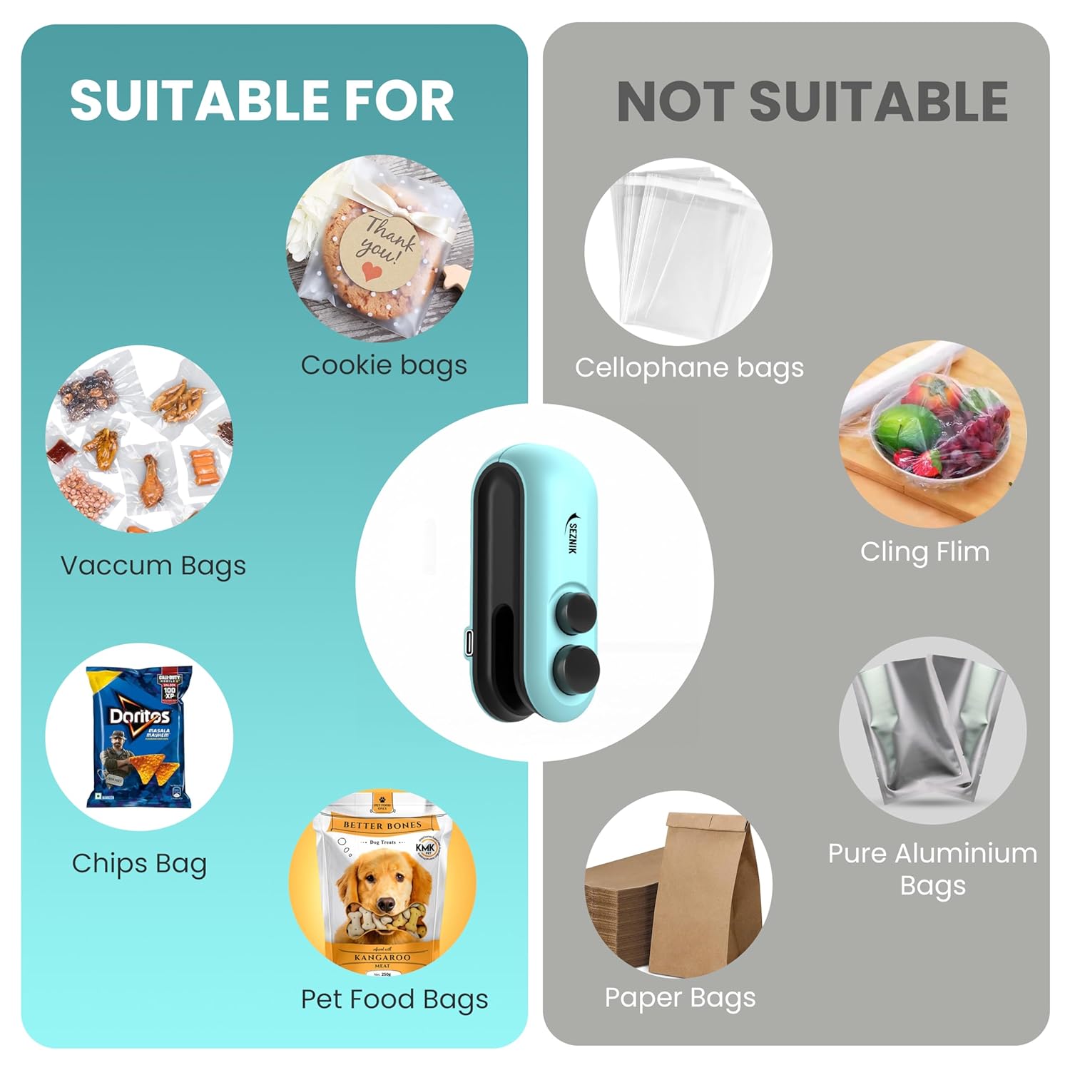 Seznik Portable Mini Sealing Machine, Handheld Packet Sealer for Food, Snacks, Chips, Fresh Storage, Plastic Bags Sealing Machine, 1 YEAR Warranty (SZ-PS03)