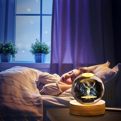 SHOPOGENIX Deer 3D Crystal Ball Night Light,2.4inch 6CM Glass Ball Night LED Lamp with Woodern Base,Decorations Gifts for Men,Women,Kids,Boys,Teens (Deer).
