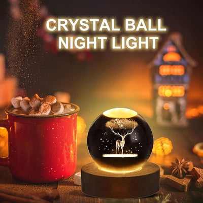 Hamsa 3D Deer Crystal Ball Ornament with Snowflake Stars, with Wooden Base(Deer 16 Color Changing)