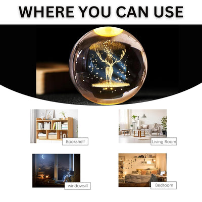 SHOPOGENIX Deer 3D Crystal Ball Night Light,2.4inch 6CM Glass Ball Night LED Lamp with Woodern Base,Decorations Gifts for Men,Women,Kids,Boys,Teens (Deer).
