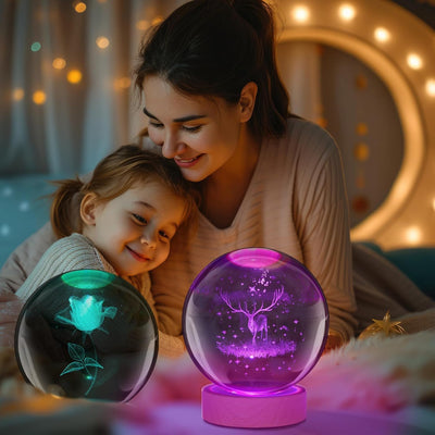 Hamsa 3D Deer Crystal Ball Ornament with Snowflake Stars, with Wooden Base(Deer 16 Color Changing)